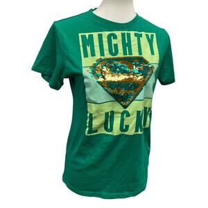 Superman Womens XL Might Lucky Sequined S Logo Short Sleeve Cotton Blend Tee